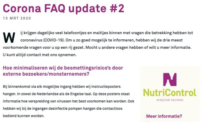 Article image of: Nutricontrol lanceert Corona FAQ