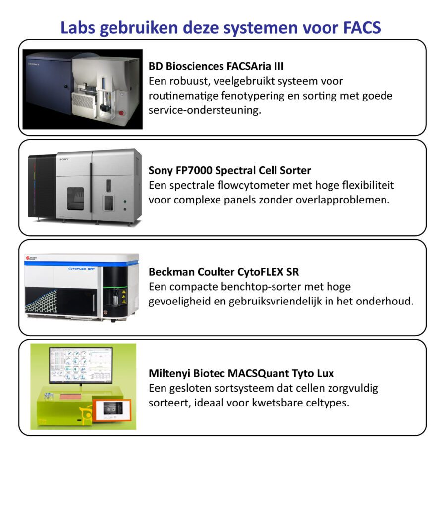 Veelgebruikte FACS-systemen: BD Biosciences FACSAria III; Sony FP7000 Spectral Cell Sorter; Beckman Coulter CytoFLEX SRT en Miltenyi Biotec MACSQuant Tyto Lux