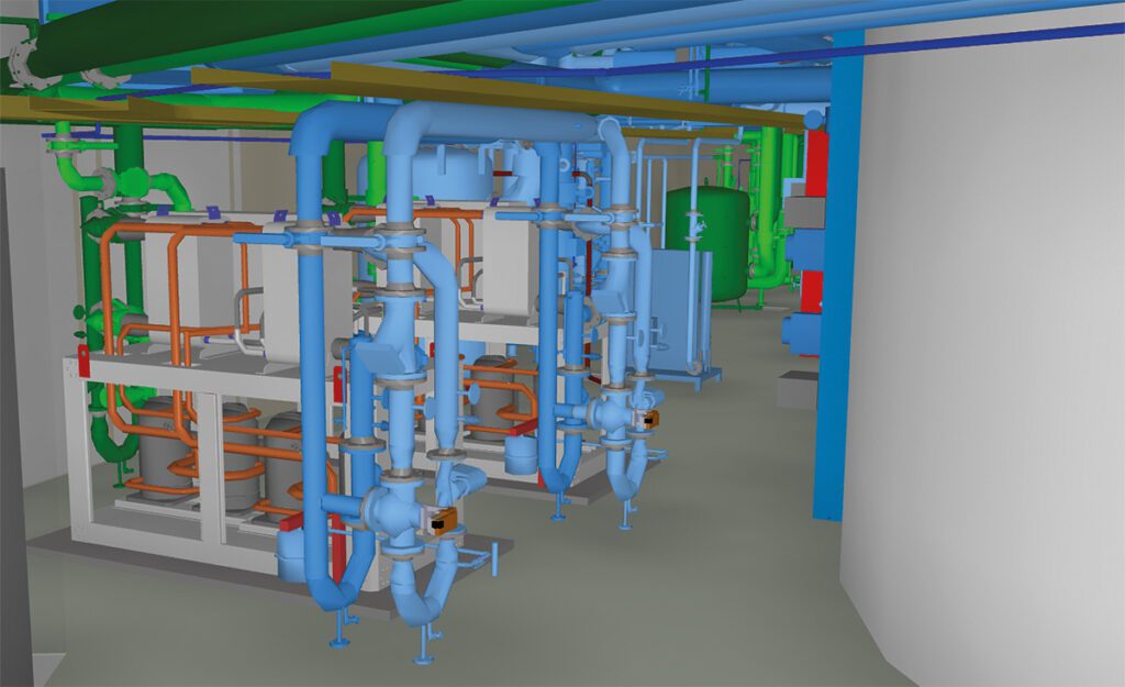 Visualisatie van de warmtepompopstelling in de technische ruimte