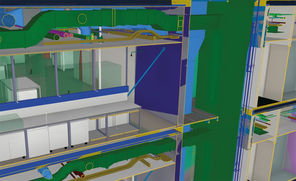Doorsnede van de schacht uittreden waar de elektrotechnische en werktuigbouwkundige installaties elkaar kruisen. Hier is gevisualiseerd wat er boven het plafond aan techniek hangt