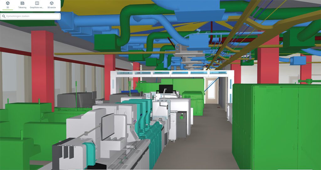 Visualisatie van labinrichting met installaties boven het plafond